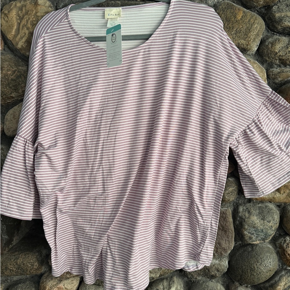 Striped Short Sleeve Top with Ruffle Sleeves